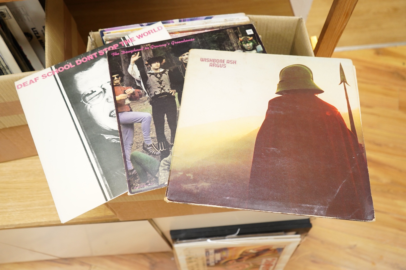 Forty-five 1970s LP record albums, artists include; wishbone Ash; Argus, Bonzo Dog Band, Deaf School, Alice Cooper, Ry Cooder, Elton John, Richard Thompson, Lou Reed, Roxy Music, Thin Lizzy, Captain Behar, Procol Harum,